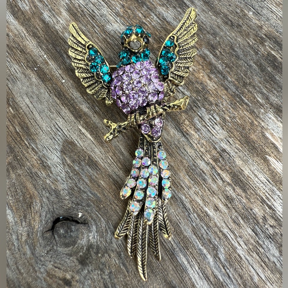Hummingbird Parrot Bird Brooch Pin Blue Purple Rhinestone Brooch Gold